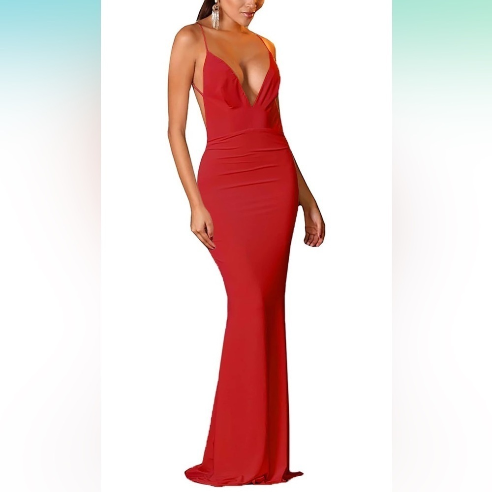 Red Plunging V-Neck Maxi Dress